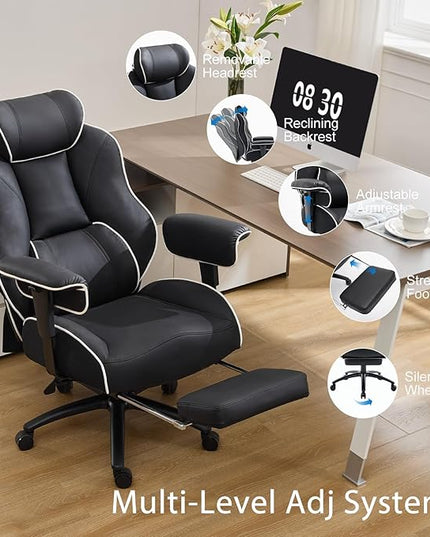 DJ·Wang Big and Tall Office Chair with Foot Rest, High Back Executive Office Chair PU Leather, Ergonomic Chairs with Lumbar Support, 135° Reclining Chairs with Thickened Spring Cushion Black
