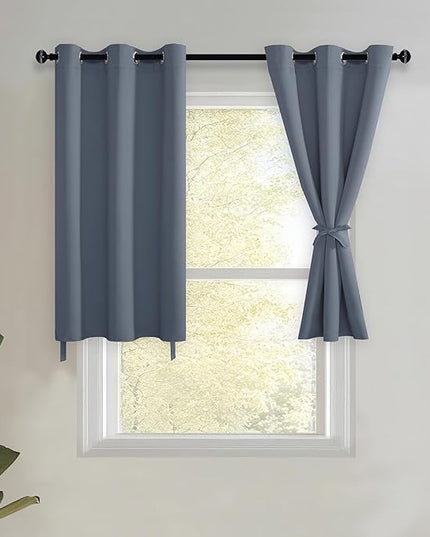 JIUZHEN Short Curtains Kitchen Half Window Blackout Curtains with Tiebacks for Baseroom Shadows, Grommet Curtains for Living Room, Set of 2 Window Curtain Panels, 42 x 30 Inch Length，Dusty Blue