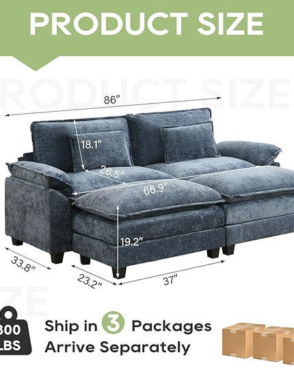 86" Modular Sectional Sofa, Comfy Cloud Couch Sectional Sofa with Ottoman, Chenille Sofa Sleeper Deep Seat Sofa with Throw Pillows for Living Room (Blue)