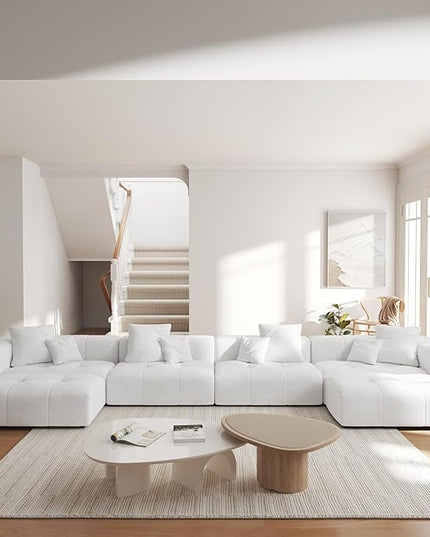 JACH 183.5 Inch U-Shaped Modular Sectional Sofas, Modern 4-Seater Couch with Chaise Ottomans, Mid Century Modern Sectional Couches, Cozy Sleeper Sofa for Living Room (Linen Fabric, White)