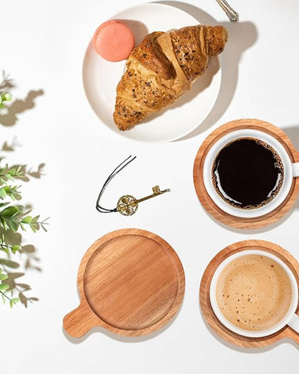 Best Wooden Handle Coasters Set of 6 with Holder Coffee Table Decor Acacia Wood Coaster for Living Room Modern Cup Coaster for Drink Home Kitchen Dining Accessories Bar Farmhouse Outdoor Decorative