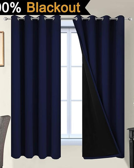 Yakamok Total Blackout Curtains, 2 Thick Layers Completely Blackout Thermal Insulated Drapes with Black Liner for Bedroom(52Wx63L, Navy Blue, 2 Panels)