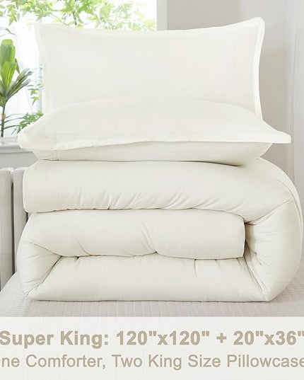 Litanika Oversized King Comforters Ivory Super King Size, 3 Pieces Lightweight Solid Bedding Comforter Set, All Season Fluffy Bed Set (120x120In Comforter & 2 Pillowcases)