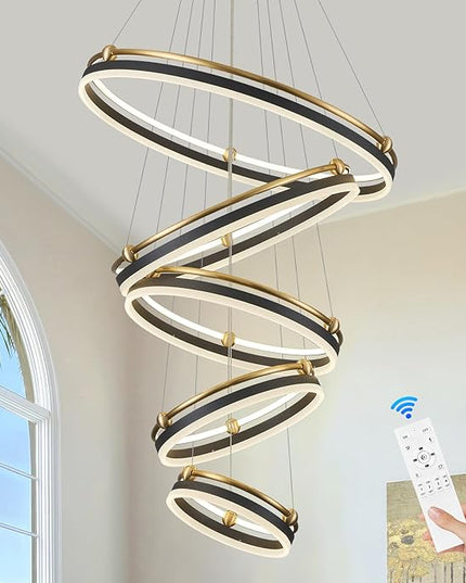 5-Rings Modern LED Chandelier Black Gold Dimmable Large High Ceiling Chandeliers Foyer, Remote Pendant Lighting for Foyer Entryway Dining Room Living Room Staircase(10-Ring Lighting, D29.5)