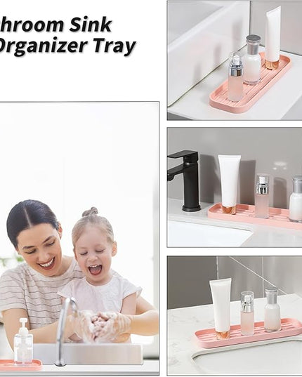 Silicone Kitchen Sink Organizer Tray for Multiple Usage,Easy Clean,Eco-Friendly Sponges Holder for Kitchen Bathroom Counter or Sink,Dish Soap Dispenser,Scrubber,Bottle,Cup Pink 12" x 4”
