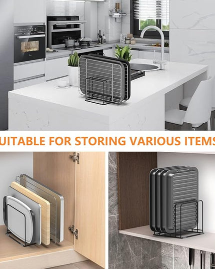 Kitchen Cabinet Organizer, Steel Cookware Holder, Divided Holder with 5 Slots for Skillets Baking Tray and Chopping Board Rack - Baking Pan Holder Storage (2 PCS)