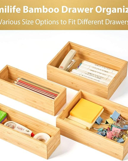 Umilife Bamboo Kitchen Drawer Organizer, Extra High Silverware Tray, Flatware Cutlery Storage Box, Multi-Use Holder in Office, Bathroom, Pantry - 9"x6"x2.5" (Set of 2)
