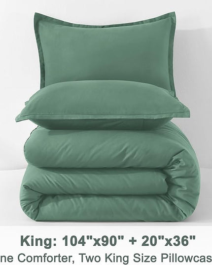 Litanika Comforters King Size Haze Green, 3 Pieces Lightweight Solid Bedding Set & Collections, All Season Fluffy Bed Set (104x90 Inches Comforter & 2 Pillowcases)