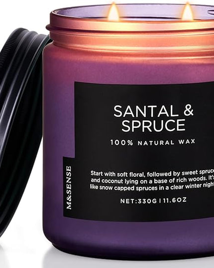 M&SENSE Santal Spruce Christmas Scented Candle, 11.6oz 70 Hours Burn Non Toxic Natural Soy Wax, 2 Cotton Wick Candle for Winter Holiday Housewarming Gifts for Family Friends Teachers