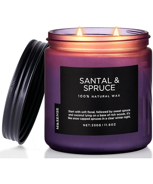 M&SENSE Santal Spruce Christmas Scented Candle, 11.6oz 70 Hours Burn Non Toxic Natural Soy Wax, 2 Cotton Wick Candle for Winter Holiday Housewarming Gifts for Family Friends Teachers
