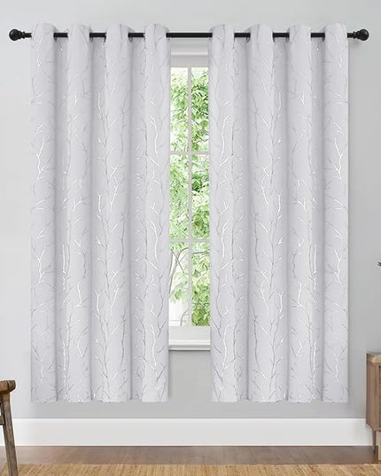 BUHUA Cream Blackout Curtains, Tree Branch Silver Curtains for Bedroom, 72 Inch Length Thermal Insulated Curtains, Darkening Curtains, Dinning Room Curtains Set, 52W x 72L, Greyish White, 2 Panel