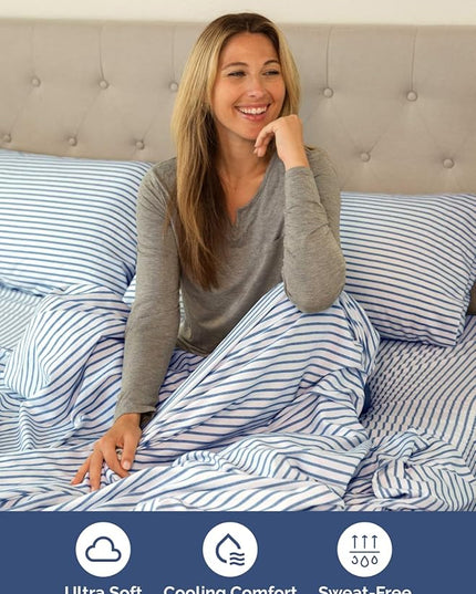 Extra Deep Cal King Sheet Set - 6 Piece Breathable & Cooling Sheets - Hotel Luxury Bed Sheets Set - Easy Fit - Soft, Wrinkle Free & Comfy Sheets Set - Blue Striped Sheet Set with Extra Deep Pockets