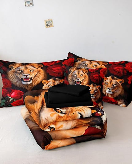 Bedbay Lion Bedding Comforter Set Queen Size Wild Animal Bedding Set Rose Flowers and Lion Couple Printed 8 Pieces Queen Bed in a Bag Set Teen Adults Lion Comforter Set with Sheets (Lion,Queen)