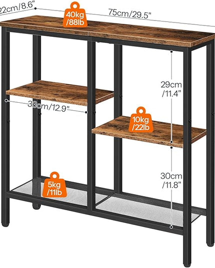 HOOBRO Narrow Console Table, Sofa Table, 4-Tier Industrial Entryway Table with Metal Mesh Shelf, Hallway Table with Adjustable Feet, for Entryway, Living Room, Hallway, Rustic Brown and Black BF79XG01