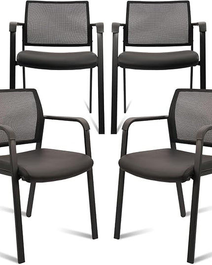 CLATINA Stackable Office Chair, Mesh Back Guest Chairs with Comfortable Leather Seat Arms Stacking Ergonomic Desk Chair No Wheels for Conference Waiting Reception School Stationary, Black, Set of 4