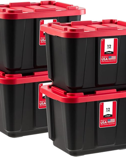 IRIS USA 4-Pack 12 Gallon Storage Bins with Lids |Made in USA| Heavy Duty Plastic Tote Containers for Truckbed Tool Box Organization, Large - Red