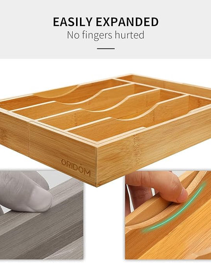 2-Piece Bamboo Silverware Organizer, Expandable Kitchen Drawer Organizer for Cutlery and Utensils, Multifunction Adjustable Bamboo Wood Cutlery Tray in Drawer for Flatware, (Natural)