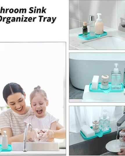 Silicone Bathroom Soap Dishes with Drain Spout-Bathroom and Kitchen Sink Organizer,Sponge Holder,Dish Soap Tray,Perfect for Dispenser,Scrubber,Bottle,Cup on Sink or Counter-Mint 9.6"×5.3"