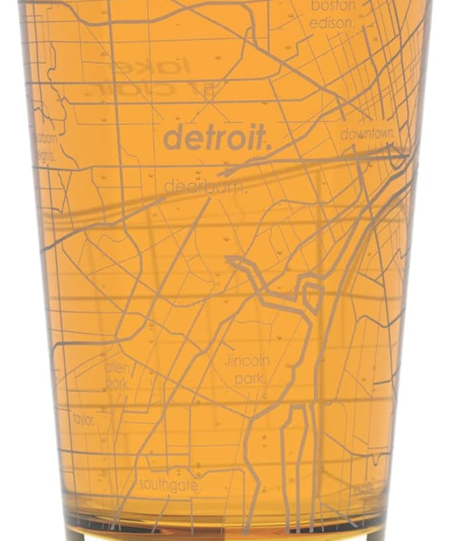 Well Told Engraved Detroit Michigan Map Pint Glass, Etched Beer Gift (16 oz, Clear) City Map Pint, Custom City Glassware, Gifts For Beer Lovers