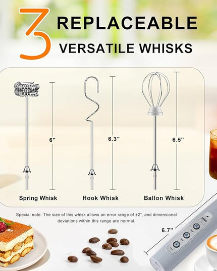 YUSWKO Handheld Milk Frother for Coffee, Rechargeable Drink Mixer with 3 Heads 3 Speeds Electric Whisk Coffee Frother For Latte, Cappuccino, Hot Chocolate, Egg - Cement Gray