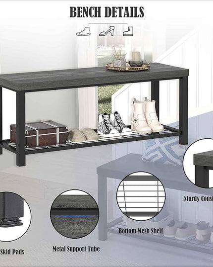EXCEFUR Entryway Bench, Industrial Metal and Wood Storage Bench for Living Room, Indoor Shoe Rack Bench Seat, 43.3 Inch Grey