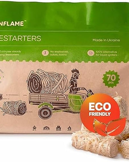 Inflame Fire Starters 70 pcs Fire Starters for Campfires, Grill, BBQ, Fireplace, Woodstove - Charcoal Starter - Waterproof, Weather-Resistant - Natural Wood Fireplace Starters