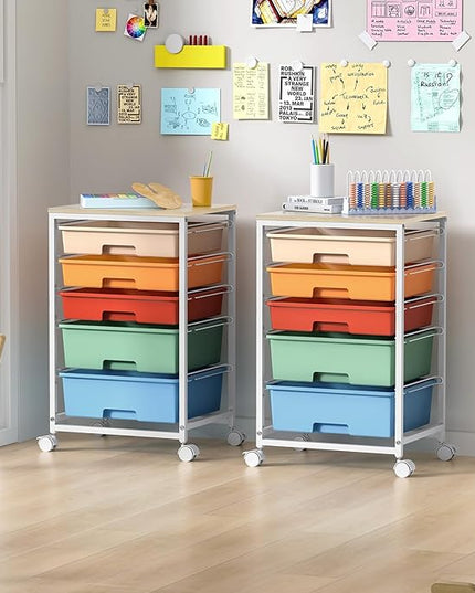 Craft cart,Rolling Cart with Drawers,Storage Cart with 5 Drawers and Wooden Tabletop for Under Desk Organizers and Storage,Macaron