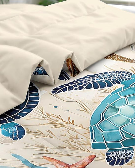 Comforter Set Queen Size, Ocean Coral Sea Turtle 7 Pcs Bedding for Kids and Adults, Blue Shell Animal Bed Sheet Sets with Fitted Sheet 2 Pillowcases & 2 Shams for Bedroom Bed Decor