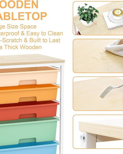 Craft cart,Rolling Cart with Drawers,Storage Cart with 5 Drawers and Wooden Tabletop for Under Desk Organizers and Storage,Macaron