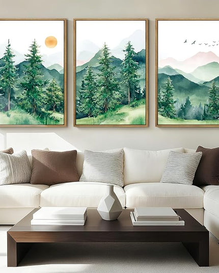 ANHUIB Extra Large Forest Wall Art Green Mountain Wall Decor Set of 3 for Living Room Bedroom Dining Room 24x36 Inch