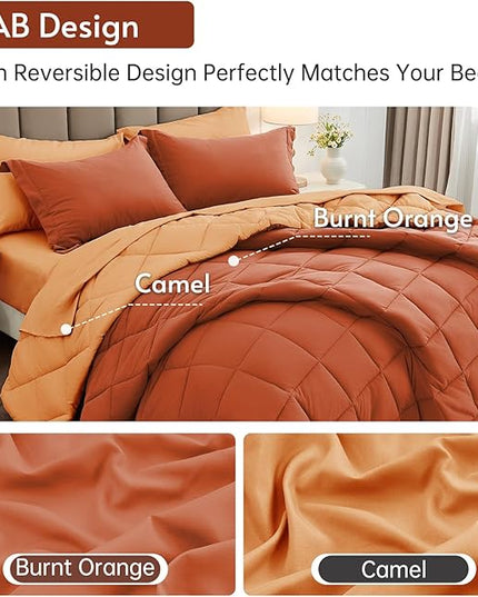 MUXHOMO 7 Pieces Queen Comforter Set, Reversible Bed in a Bag Queen Size, All Season Bedding Set with Comforter, Flat Sheet, Fitted Sheet, Pillowcases & Shams, Burnt Orange & Camel