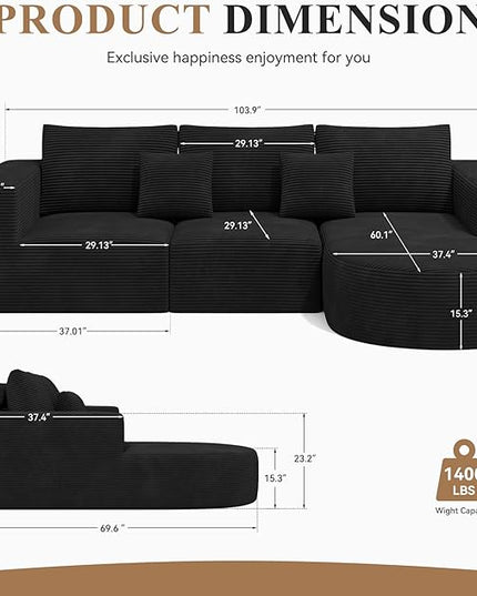 Modular Sectional Sofa with L-Shape Chaise,Cloud Sectional Modern Sleeper Couch with Deep Seat,Sponge Compression Sofas No Assembly Required(Black-Corduroy Fabric) 1PCS