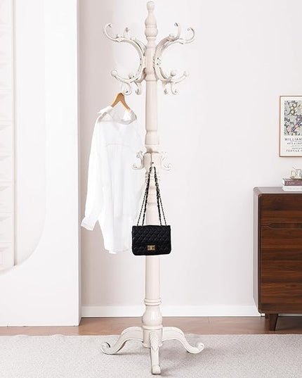 Wooden Coat Racks, Retro 78" Coat Tree with 12 Hooks & Stable Triangular Base, Entryway Coat Rack Freestanding for Hat, Clothes, Scarves, Handbags, Umbrella (Ivory)