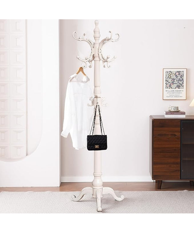 Wooden Coat Racks, Retro 78" Coat Tree with 12 Hooks & Stable Triangular Base, Entryway Coat Rack Freestanding for Hat, Clothes, Scarves, Handbags, Umbrella (Ivory)