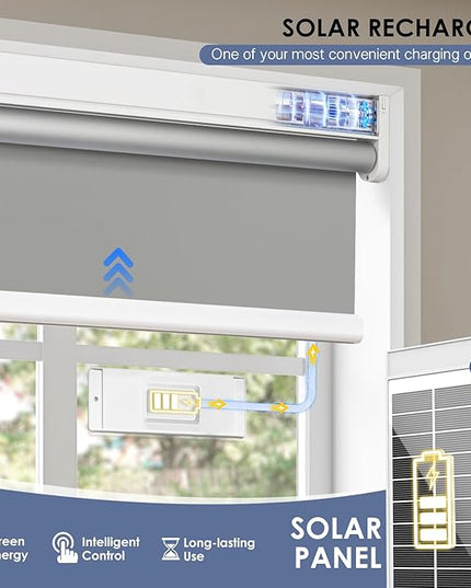Motorized Roller Blinds with Remote Control & Solar Panel - 100% Blackout Smart Blinds, Automatic, Cordless, Electric Shades - Compatible with Alexa - Grey, 34" W x 72" H