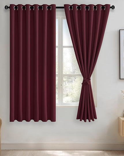 JIUZHEN Burgundy Blackout Curtains with Tiebacks Thermal Insulated, Light Blocking and Noise Reducing Grommet Curtains for Bedroom and Living Room, Set of 2 Window Curtain Panels, 70 x 63 Inch Length