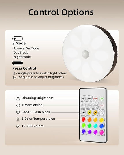 EZVALO Under Cabinet Lighting with Charging Station,1000mAh Rechargeable Puck Lights with Remote, 3 Color Temps & 12 RGB Closet Lights, Dimmable Motion Sensor Lights for Shelf, Kitchen (6 Packs)