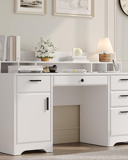 Executive Desk with Hutch, 58 Inch White Computer Desk with 5 Drawers, Home Office Desk with Storage, Rustic Desk with Adjustable Shelves and Storage Cabinet for Bedroom