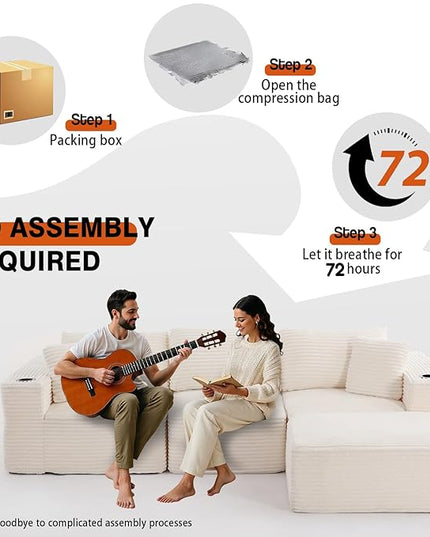 110" Boneless Couch in A Box, Corduroy Cloud Couch Sectional Couches for Living Room, Convertible L Shaped Modular Sectional Sofa Set with Deep Seat, No Assembly Required(3 Seat+ 1 Ottoman,Beige)