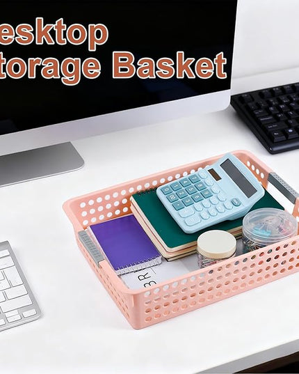 4 Pack Turn in Trays Classroom, Classroom Organization, Plastic Storage Paper Tray Holds, Storage Baskets with Handles, Paper Trays for Classroom Office Home Drawers, Pink