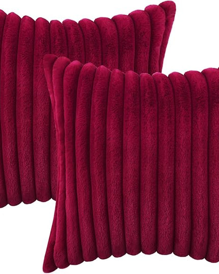 decorUhome Faux Fur Spring Throw Pillow Covers 16x16 Set of 2, Decorative Soft Plush Striped Neutral Couch Euro Pillow Covers with Velvet Back for Sofa, Bed, Living Room Home Decor, Burgundy