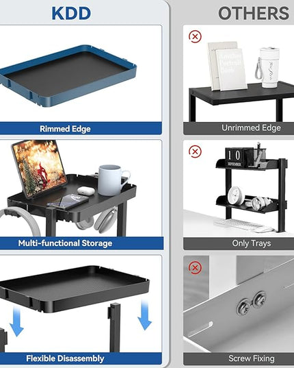 KDD Clamp On Desk Organizer - Adjustable 2-Tier Above or Under Desk Shelves with Large Capacity Tray, Phone & Tablet Holder, Headphone Hook - No Drilling Desktop Storage for Office & Home Accessories