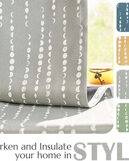 jinchan 95% Blackout Bohemian Moon Phase Print Bedroom 84 Inch Long Grey Curtain Grommet Top Thermal Insulation for Kids Room Grey Curtain Set 2 Panels