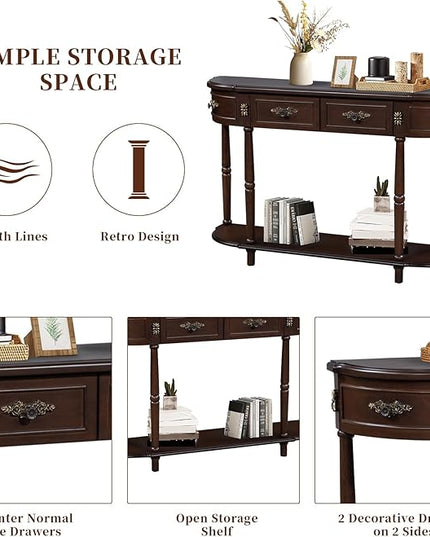 HMFULE Retro Curved Console Table, 52" Half Moon Console Table Sofa Table Entryway Table with 2 Drawers 1 Open Shelf Solid Pine Legs for Living Room,Entryway,Hallway,Espresso