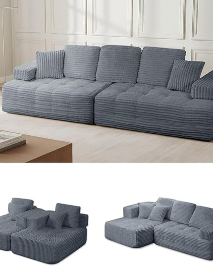 Marine Moon 111" Modular Sectional Sofa, 4-Seat Oversized Deep Seat Cloud Couch, No Assembly Required, Convertible Straight Sofa to L-Shaped for Living Room, Apartment & Home, Gray