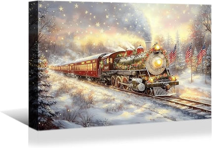 YONICA Christmas Wall Decor Christmas Canvas Wall Art Home Decorations 30x20 Inches - Christmas Pictures Christmas Train with Flags Prints Winter Painting Xmas Artworks for Living Room Bedroom