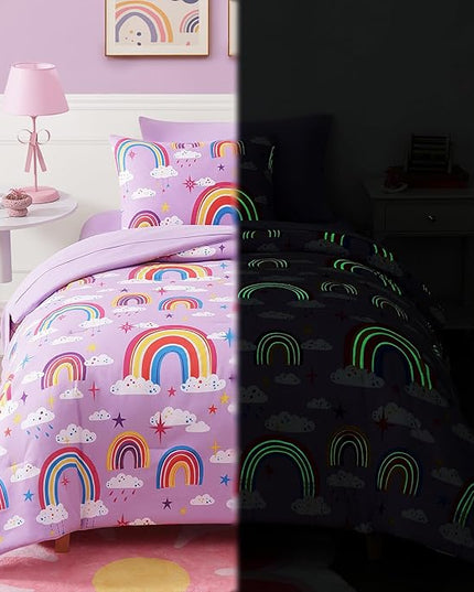 Twin Comforter Set for Girls-5 Pieces Purple Rainbow Glow in The Dark Twin Bedding Sets for Kids, Ultra Soft Bed in A Bag with Sheets