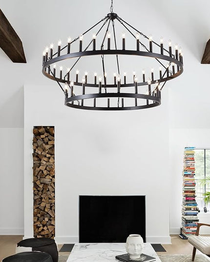 60-Inch Black Extra Large Wagon Wheel Chandelier, 2 Tier 54-Light Farmhouse Chandeliers Industrial Round High Ceiling Pendant Light for Dining Room, Living Room, Entryway, E12