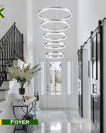 5-Rings Modern LED Chandelier Silver High Ceiling Chandelier with Remote Control Dimmable Pendant Lighting for Dining Room Foyer Living Room Entryway Staircase(3000K-6500K, D23.6’’)
