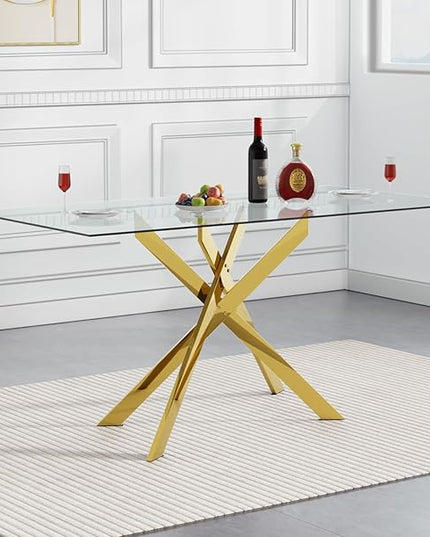 51" Rectangular Glass Dining Table Modern Kitchen Glass Top Table for 4 with Gold Metal Legs, Clear Dining Table Kitchen Table for Home Office Dining Room